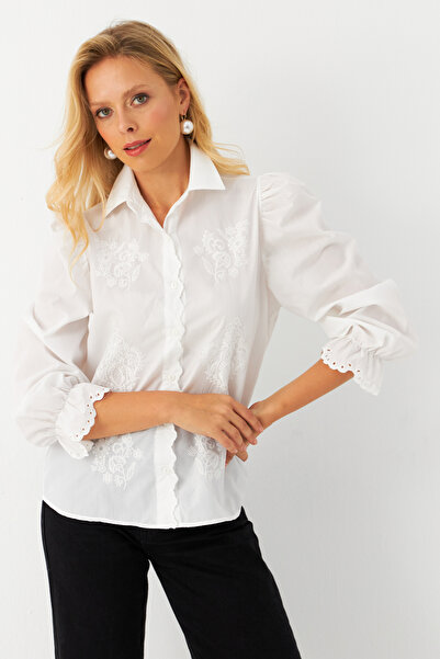 Cool & Modest Women's White Embroidered Shirt Mqs1908