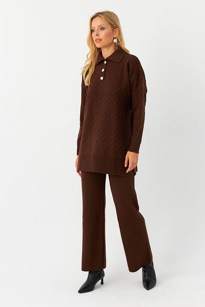Cool & Modest Brown Pearl Button Knitwear Set - Mnuv33