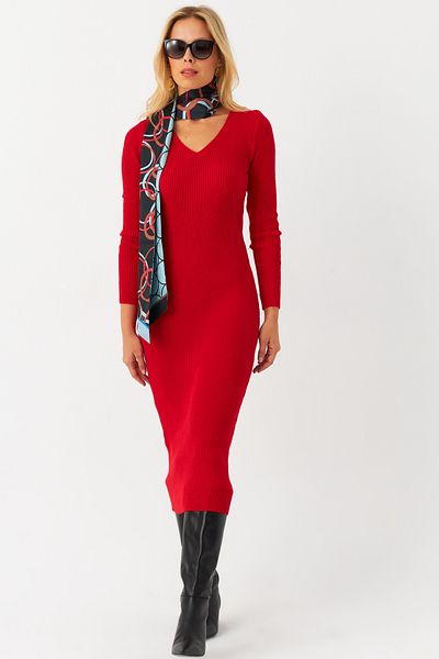 Cool & Sexy Rotes Strick-Midikleid mit V-Ausschnitt für Damen – YIL560