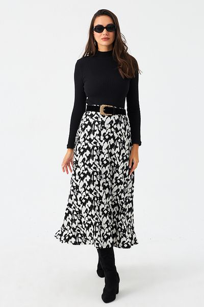 Cool & Modest Ecru-Black Patterned Women's Bell Skirt Mlon3007