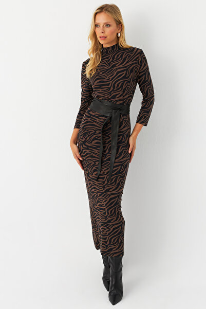 Cool & Modest Γυναικείο Μίντι Φόρεμα Μαύρο-Μινκ με στάμπα - MLPP400