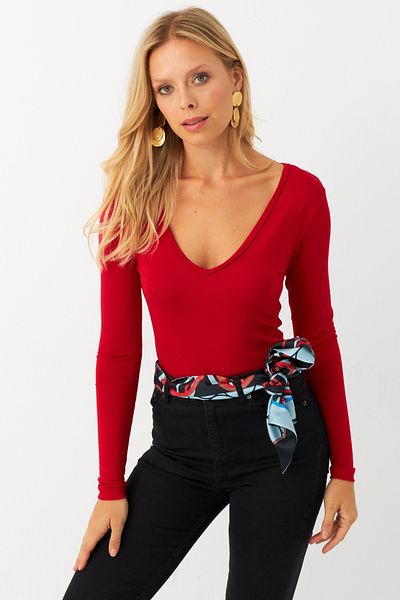 Cool & Sexy Piros V-nyakú pattintható női body - Fİ792