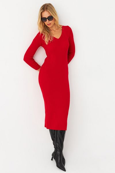 Cool & Sexy Rotes Strick-Midikleid mit V-Ausschnitt für Damen – YIL560