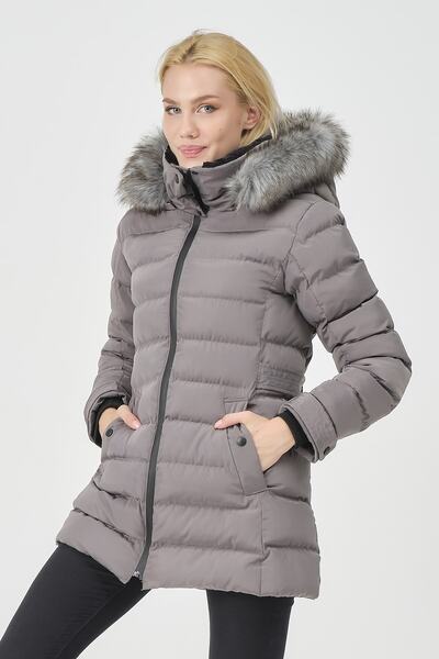 PIQUE Women's Faux Fur Collar Removable Hooded Puffer Coat Yasmin Gray