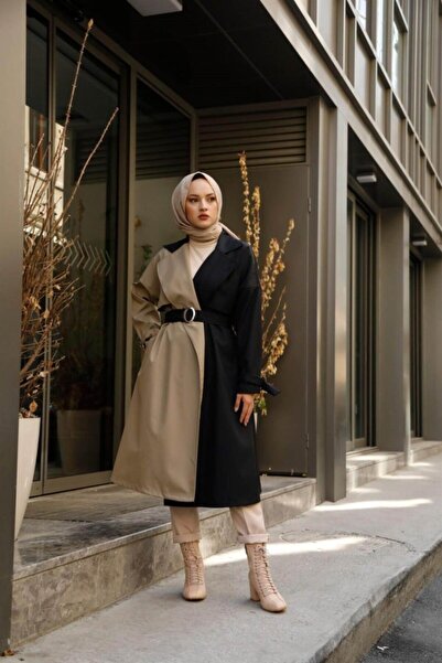 Moda Pery Kadın Modest Su Geçirmez Çift Renkli Tesettür Basic Mevsimlik Trençkot 10016 Krem Siyah