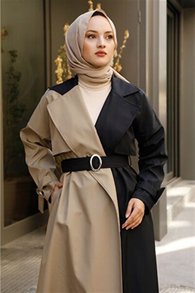 Moda Pery Kadın Modest Su Geçirmez Çift Renkli Tesettür Basic Mevsimlik Trençkot 10016 Krem Siyah