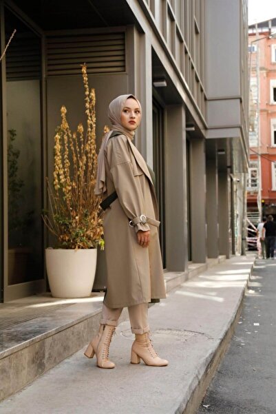 Moda Pery Kadın Modest Su Geçirmez Çift Renkli Tesettür Basic Mevsimlik Trençkot 10016 Krem Siyah
