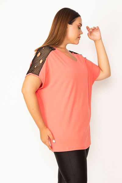Şans Women's Large Size Pomegranate Shoulder Lace V-Neck Viscose Blouse 65n27507