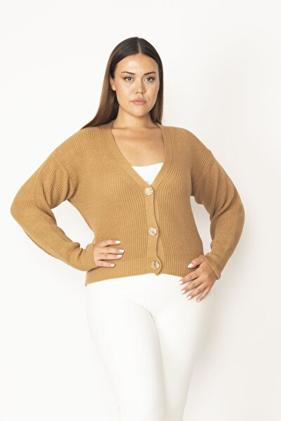 Şans Plus Size Cardigan - Brown - Fitted