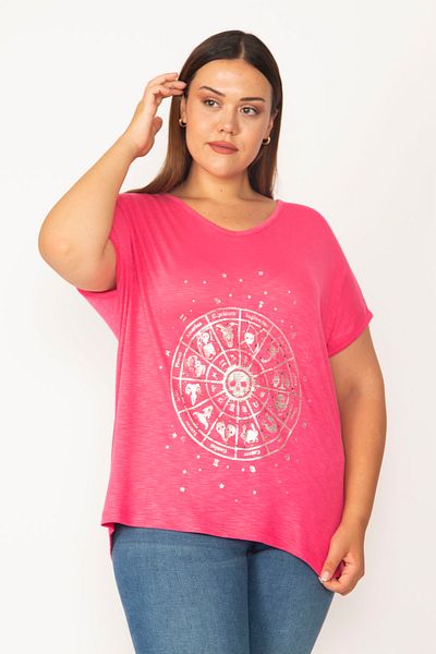 Şans Women's Large Size Fuchsia Lacquer Printed V-Neck Low Sleeve Blouse 65n27480