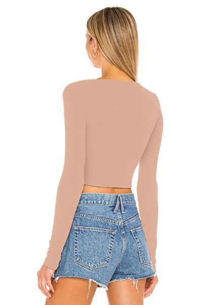 By Kul Design Μπεζ Crop Top - V-λαιμόκοψη, Μεταξωτό Τζέρσεϊ, Γυναικείο