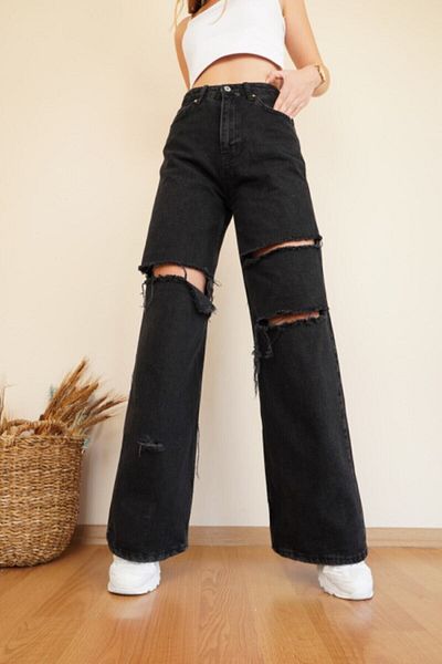 Trn JNS Μαύρο Lycra Super ψηλόμεσο τζιν Loose Leg Jeans Palazzo Παντελόνι