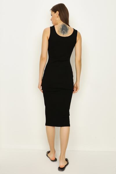 Select Moda Rochie midi de damă neagră cu snur cu detaliu nasturi