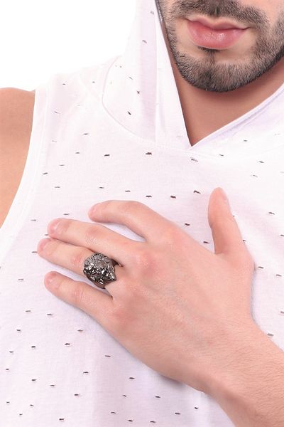 LABALABA Men's Metallic Anthracite Lacquer Coated Adjustable Roaring Lion Ring