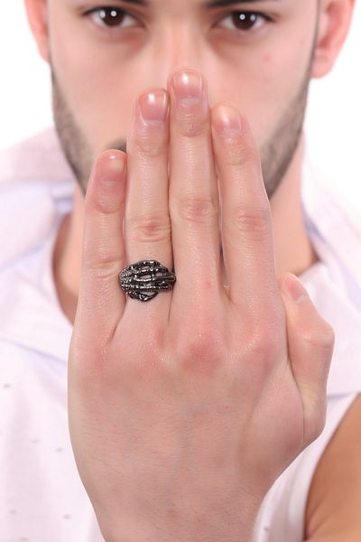 LABALABA Men's Metallic Anthracite Lacquer Plated Adjustable Prong Skeleton Hand Ring