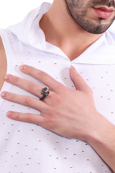 LABALABA Men's Metallic Anthracite Lacquer Plated Adjustable Wolf Head Ring