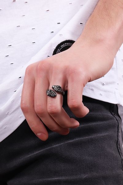 LABALABA Men's Metallic Anthracite Lacquer Plated Adjustable Double Headed Snake Ring