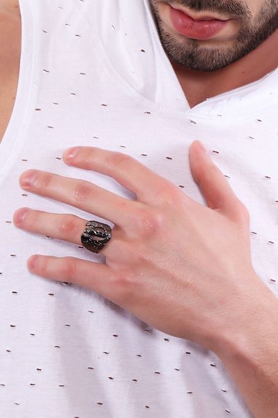 LABALABA Men's Metallic Anthracite Lacquer Plated Adjustable Winged Angel Ring