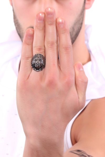 LABALABA Men's Anthracite Lacquer Plated Native American Indian Ring