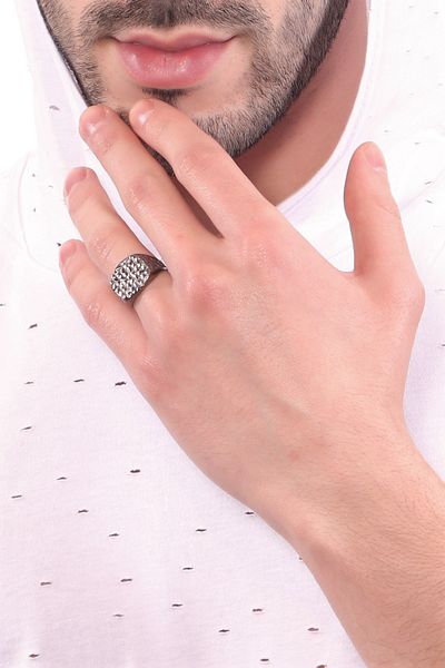 LABALABA Men's Metallic Anthracite Lacquer Coated Adjustable Wicker Weave Textured Ring