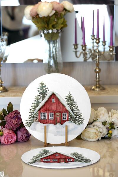 Realhomes 2'li Karlı Ev & Çam Ağacı Tasarımlı Dijital Baskılı Modern Yuvarlak Supla & Servis Altlığı