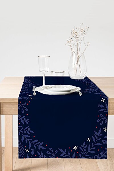 Realhomes Lacivert Zeminli Çiçek Çerçeveli Dijital Baskılı Dekoratif Süet Runner