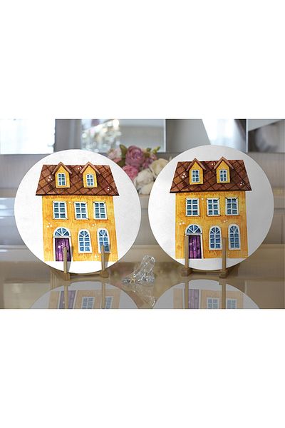 Realhomes Σετ 2 Μινιατούρα Κίτρινο Σπίτι με Ψηφιακή Εκτύπωση Διακοσμητική Στρογγυλή Σουπλά & Σουπλά