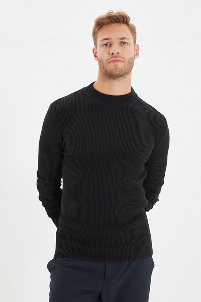 Trendyol Collection Schwarzer Cord-Strickpullover mit halbem Rollkragen – Baumwolle, TMNAW21KZ0568