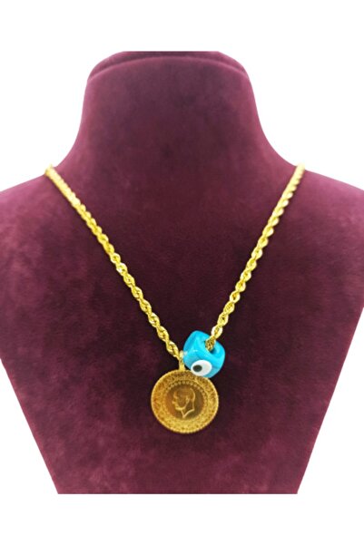 dost altın Yarım Altınlı Halat Zincirli Boncuk Detaylı Altın Kolye