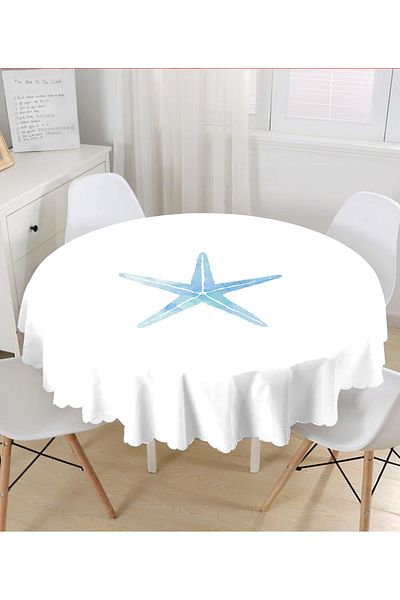 Realhomes Sea Horse Patterned White Round Tablecloth - Digital Printing, 140 x 140 cm