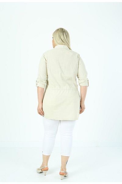 By Alba Collection Women's Cotton Linen Four-Pocket Large Size Jacket Shirt Ecru