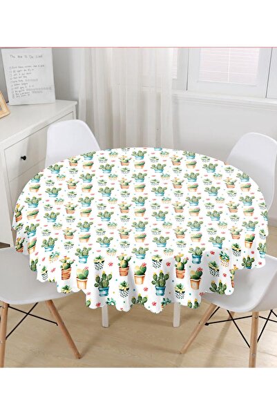 Realhomes Modern Round Tablecloth with Cute Cactuses in Flower Pot Design - D...