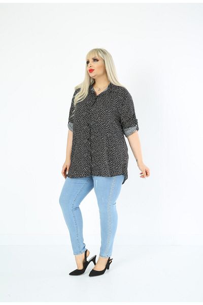 By Alba Collection Cămașă de damă, bumbac, viscoză, buline, mărime mare, neagră