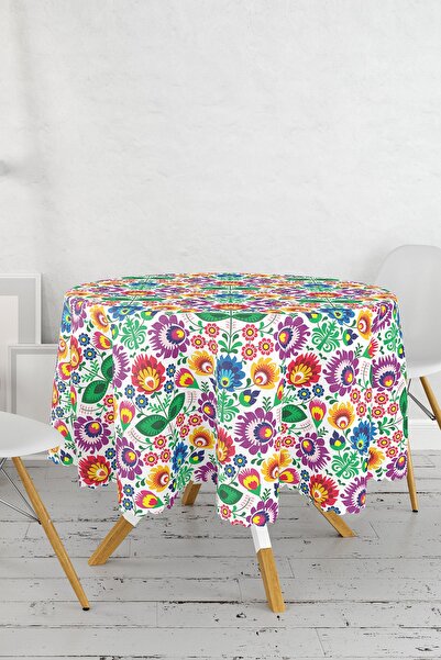 Realhomes Față de masă rotundă modernă cu imprimare digitală cu design floral colorat Diametru 140 cm