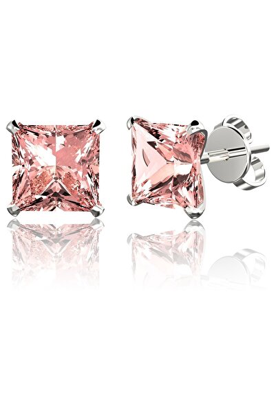 Jewelry For Light 925 Ayar Gümüş,7mm, Pink Kare Kesim (PRİNCESS CUT), Tektaş Zirkon Pimli Küpe