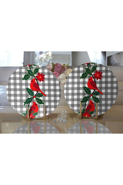 Realhomes 2-Piece Gray Plaid Floor & Red Bird Designed Digital Printed Decorative NestSupla & Placemat