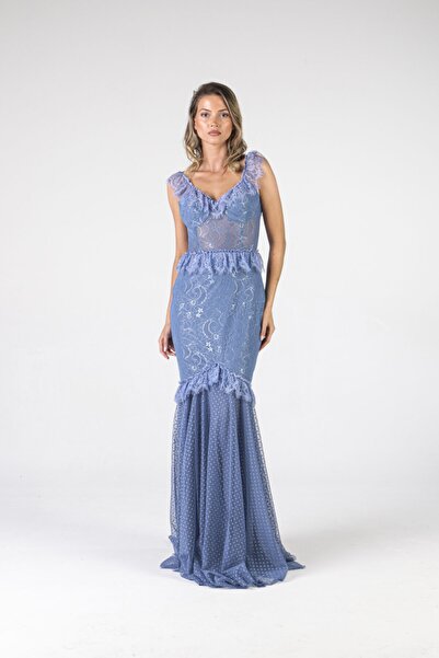 ALİS DRESS Beli Transparan Dantel Işlemeli Indigo Abiye
