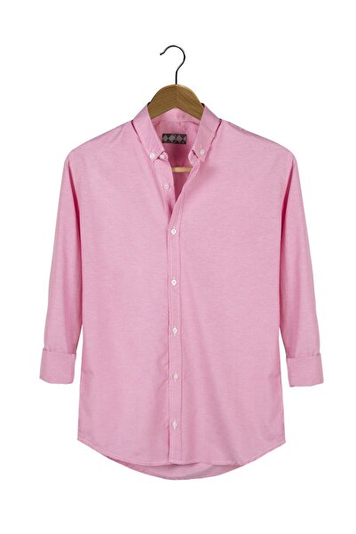 VEAVEN Ανδρικό ροζ χοντρό όρθιο ριγέ μακρυμάνικο πουκάμισο με κουμπιά γιακά