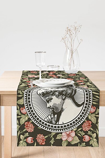 Realhomes Renkli Gül & Portre Motifli Dijital Baskılı Dekoratif Süet Runner