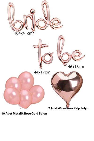 Parti dolabı Bride To Be Imza Folyo Balon 10 Adet Rose Gold Balon 2 Adet 16 inc Kalp Folyo Balon
