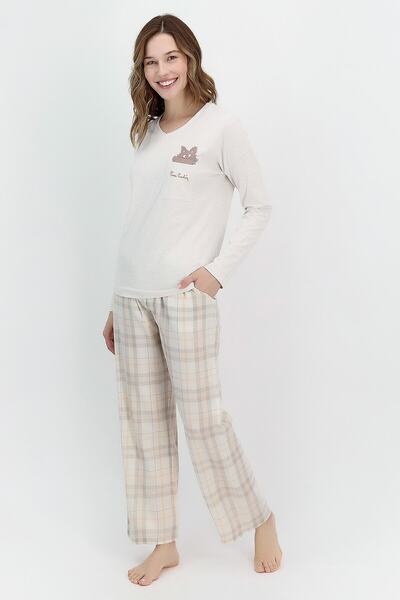 Pierre Cardin Ekoseli Kremmelanj Kadın Uzun Kol Pijama Takımı