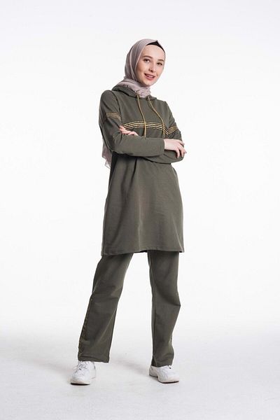 CNG MODA Women's Green Hooded Glitter Stripe Tracksuit Set