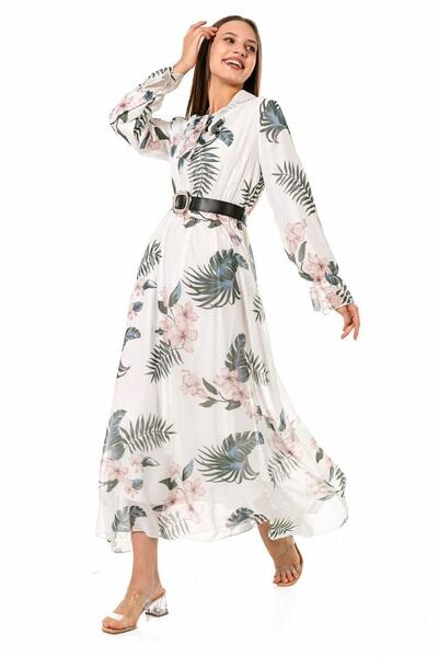 SİZ Kadın Yaprak Desenli Maxi Boy Kemerli Şifon Elbise