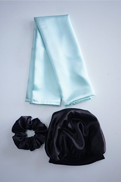 pistore Set de bonetă din satin negru, pernă turcoaz și agrafă pentru păr creț