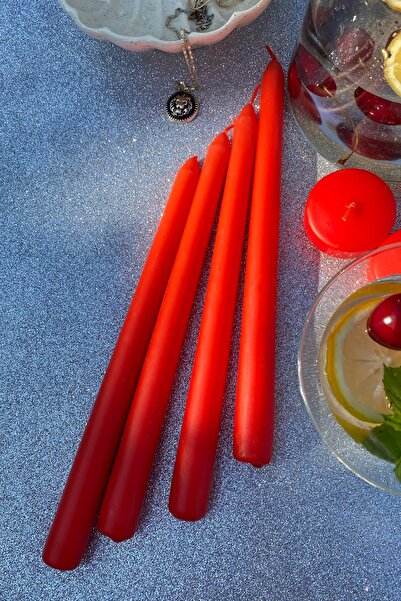 SANAT SEPET İŞLERİ Premium Seri Kokulu Kırmızı Konik Şamdan Mum - 4'lü Set