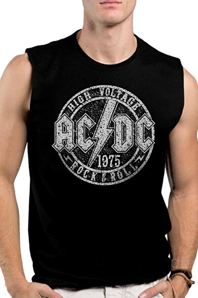 ROCKANDROLL Mânecă neagră plată Acdc decupată pentru bărbați | Tricou fără mâ...
