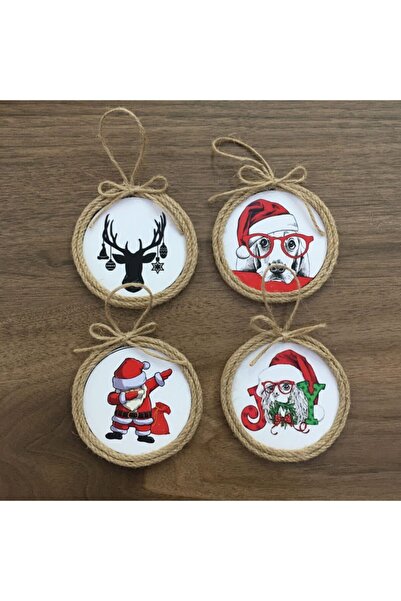 OzanTuhafiye Ручна робота, ілюстрована солом'яна 4-комплектна новорічна прикраса, прикраса для ялинки 43