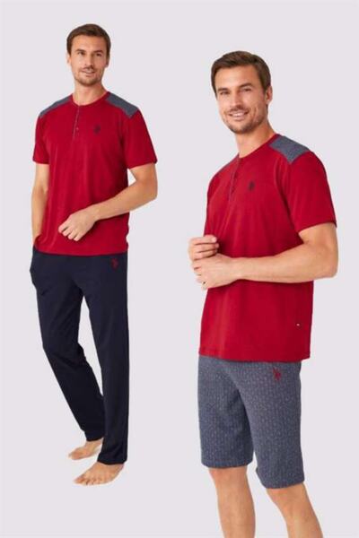 U.S. Polo Assn. Ανδρική πιτζάμα 3 τεμαχίων προίκας Claret Red