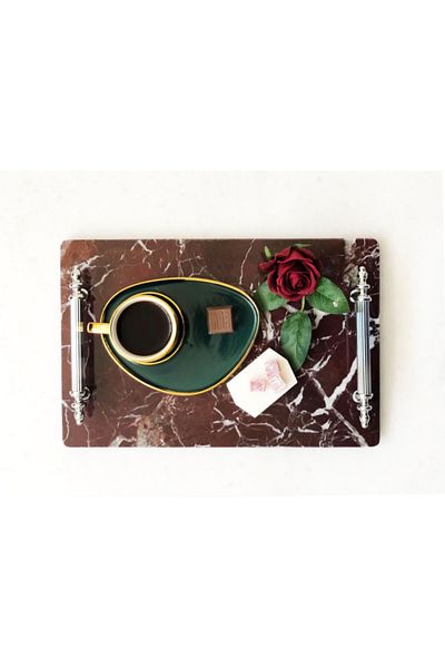 Modestmar Natural Cherry Marble Tray 20x30 Silver Handle
