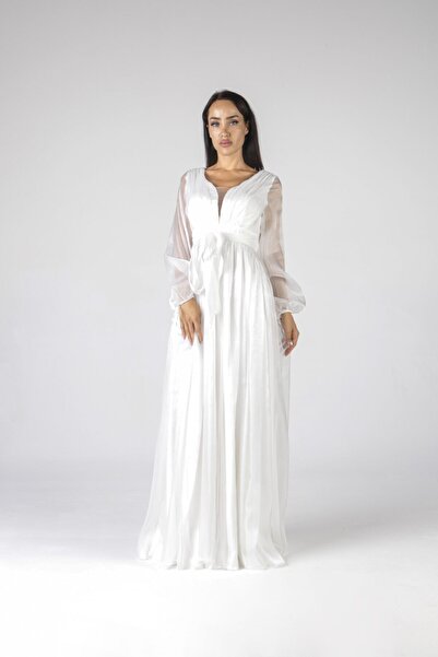 ALİS DRESS Ekru Işıltılı Kumaş Uzun Kollu Kuşaklı Abiye